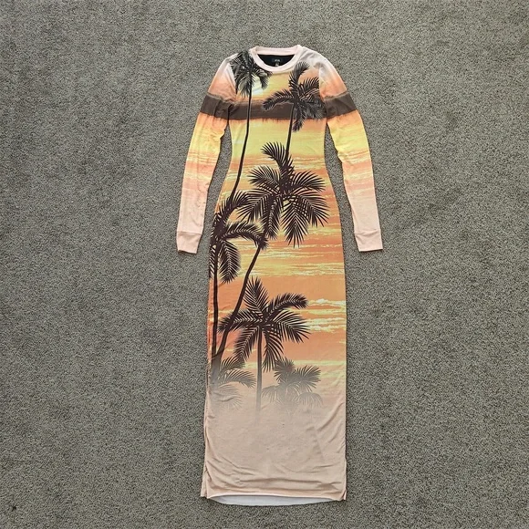 AFRM Dress Womens Extra Small Sunrise Palms Maxi Bodycon Mesh Scenic Print - Picture 3 of 12